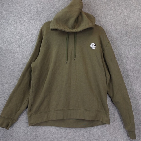 Army Green Fleece Hoodie Mens M‎ Pullover Skull Badge Skater Street CHEAP MONDAY - Picture 1 of 12